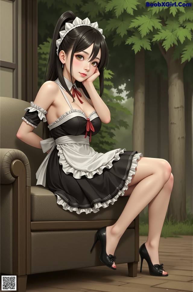 A woman in a maid outfit sitting on a couch.
